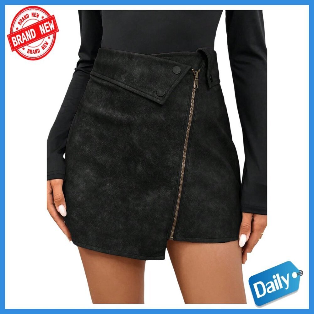 Vintage PU Leather Mini Skirt High Waist Asymmetrical Hem Zipper Up